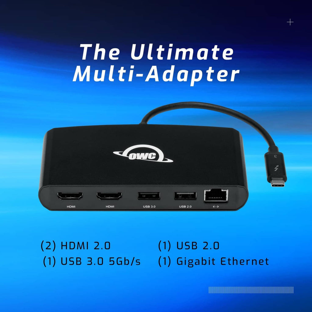 Compact black Thunderbolt mini dock showing HDMI, USB, and Ethernet ports along side