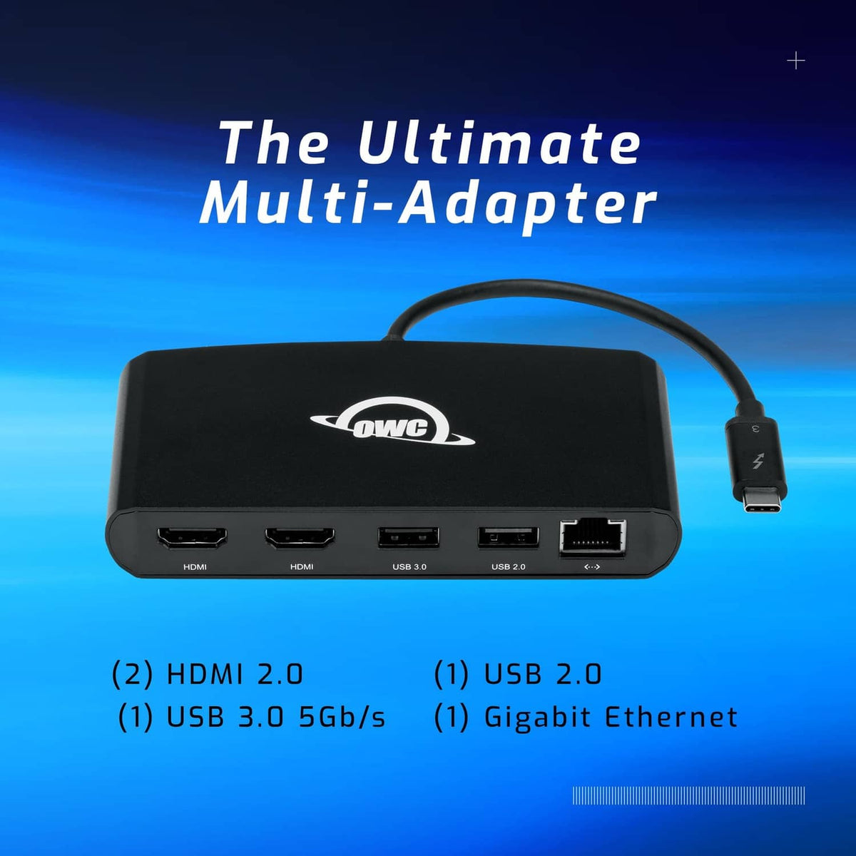 Compact black Thunderbolt mini dock showing HDMI, USB, and Ethernet ports along side