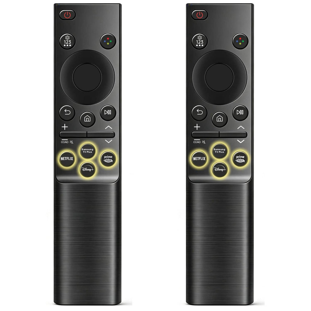Black Samsung TV remote with circular navigation and streaming shortcut buttons