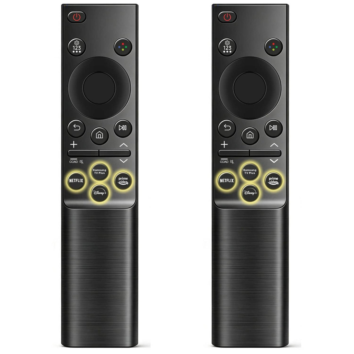 Black Samsung TV remote with circular navigation and streaming shortcut buttons