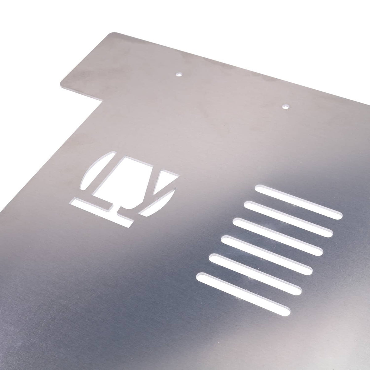 Close-up catalytic converter heat shield with large logo, vent slots, and bolt holes