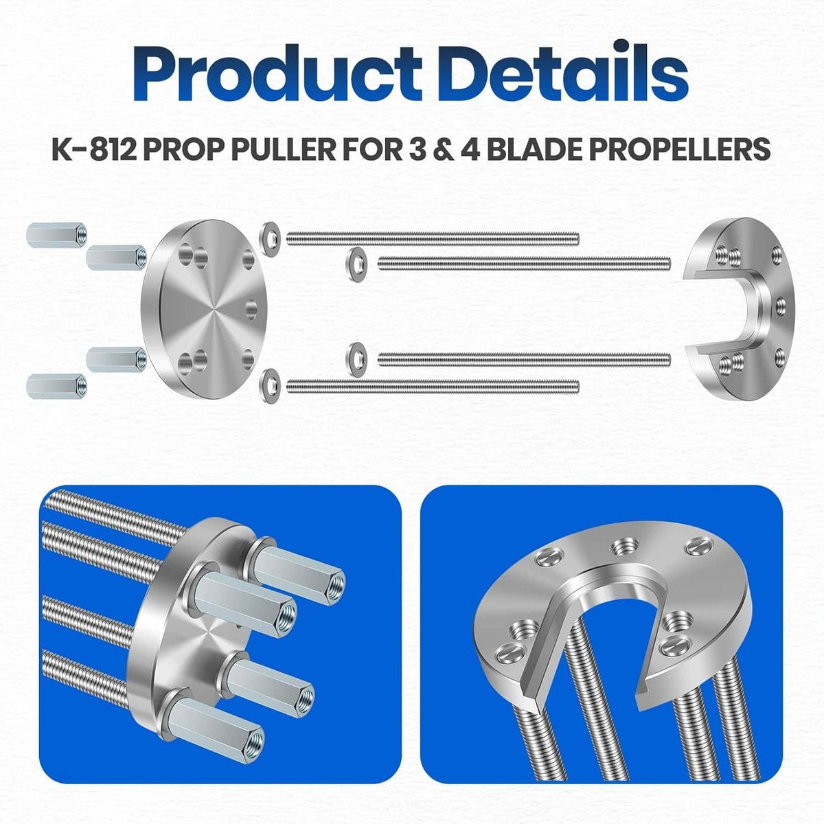 Boat prop puller tool with two circular plates and included threaded parts