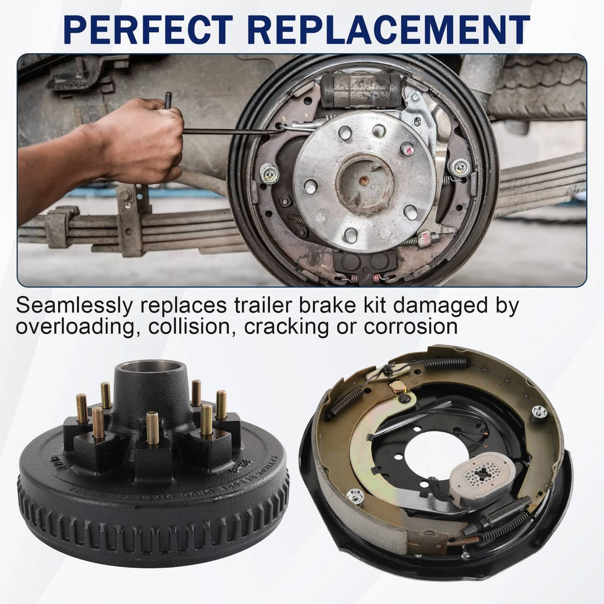 Trailer electric brake drum kit replacement with brake backing plate and hub assembly