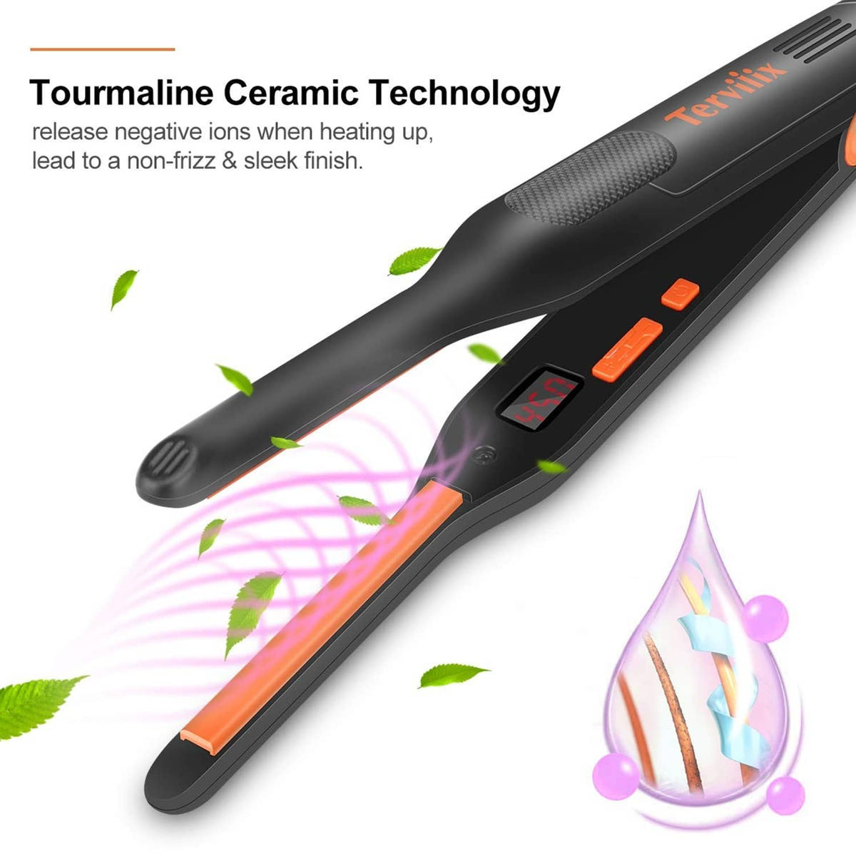 Black hair flat iron with tourmaline-ceramic style body, textured grip, orange controls