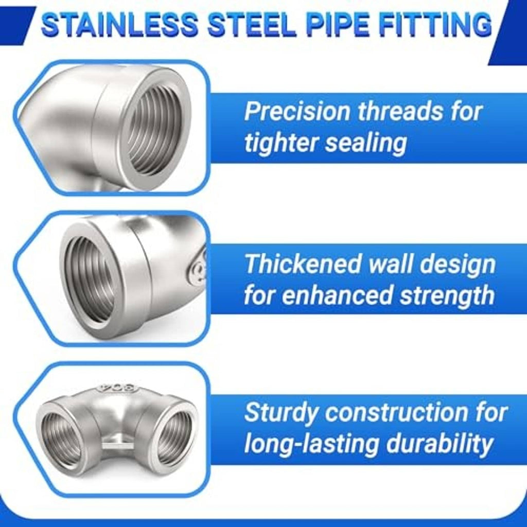 Stainless steel pipe fitting infographic: precision threads, thickened wall, sturdy construction