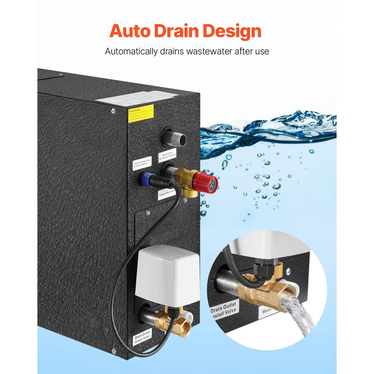 Black steam generator with auto-drain connections and valve fittings on the side