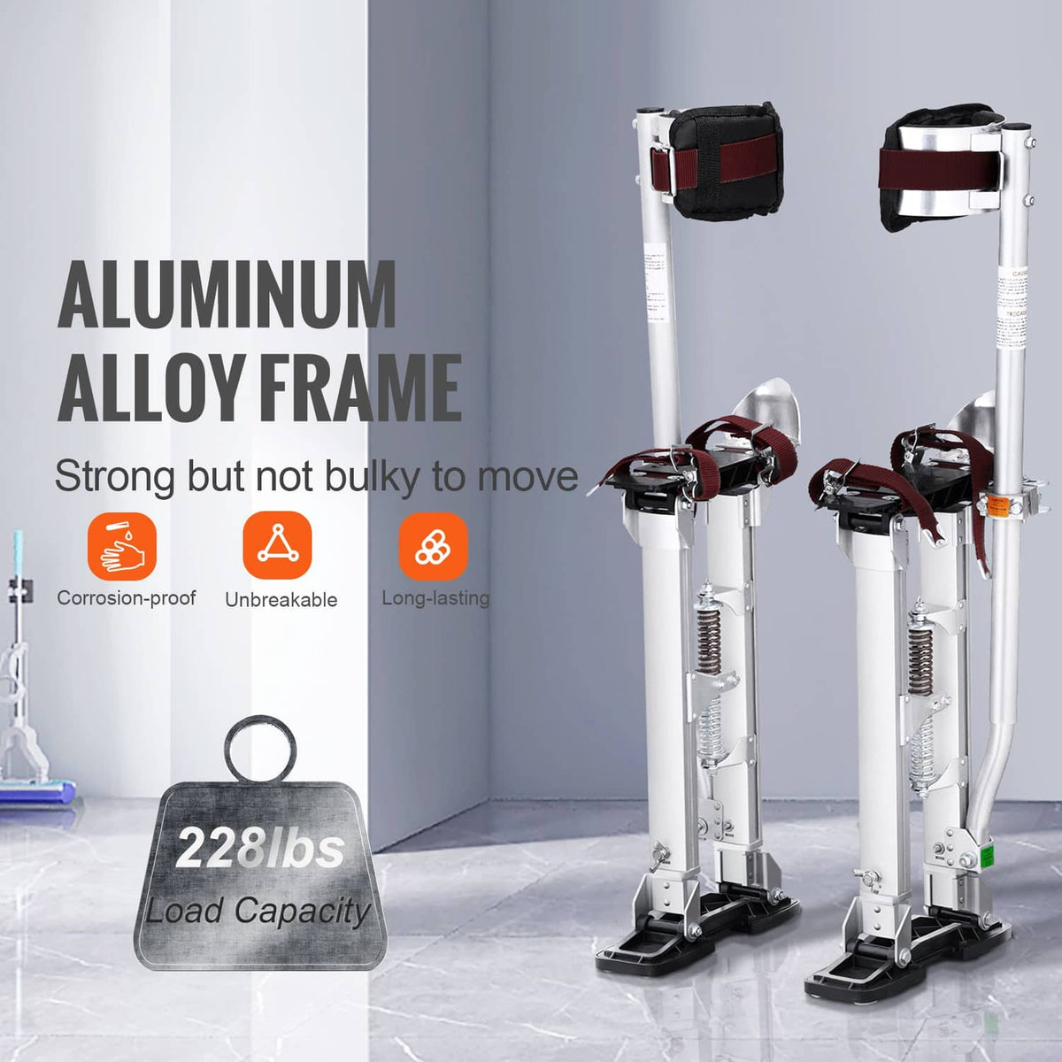 Two adjustable aluminum-style drywall stilts with knee pads and black foot plates