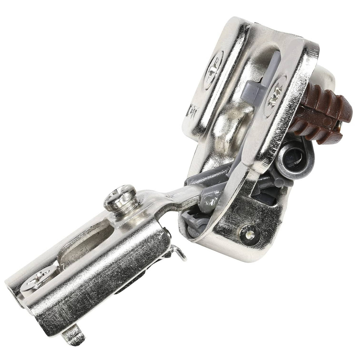Silver cabinet hinge assembly with extended bar and mounting bracket, side view.
