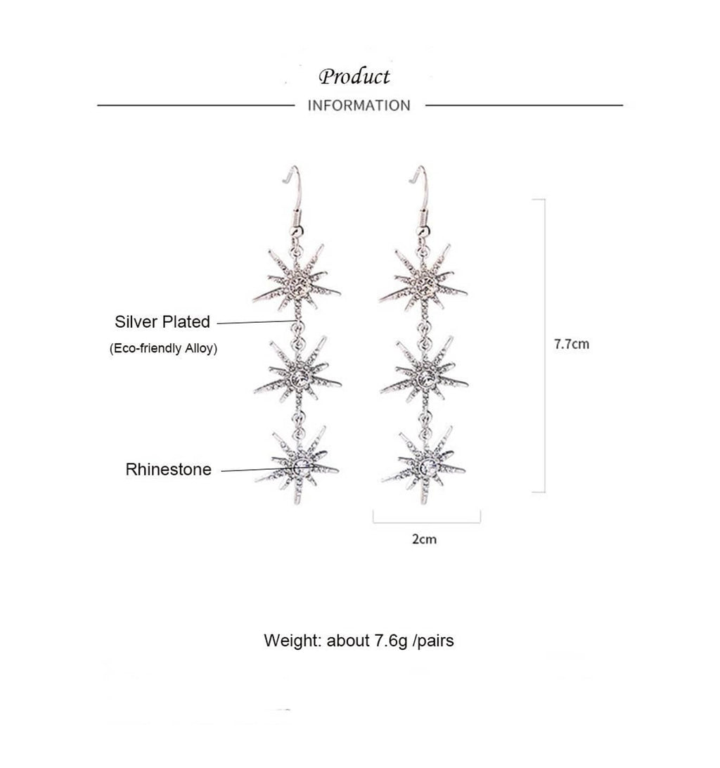 Silver-plated snowflake dangle earrings diagram, hook style, 7.7 cm length
