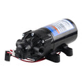Black on-demand diaphragm sprayer pump with blue label and side nozzle port