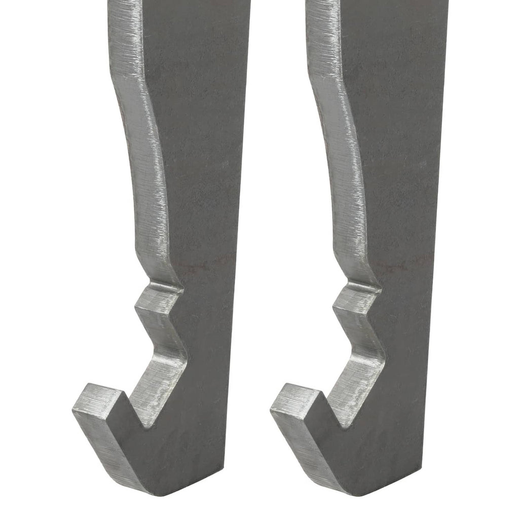 Pair of dark gray steel brackets with arched slot and U-shaped locking protrusion