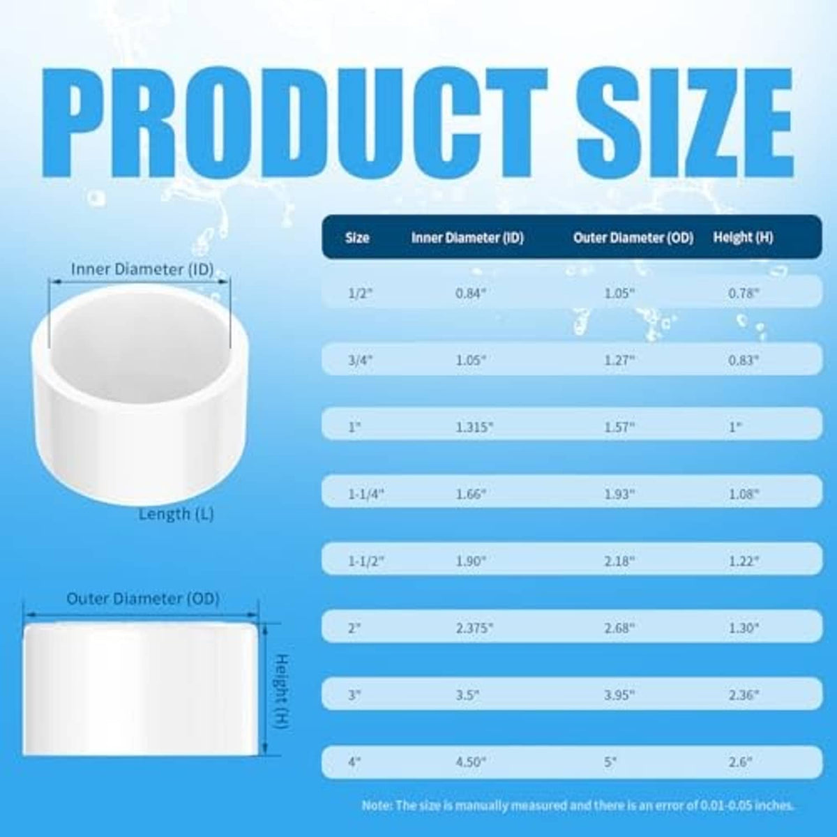 White PVC pipe end cap size chart graphic