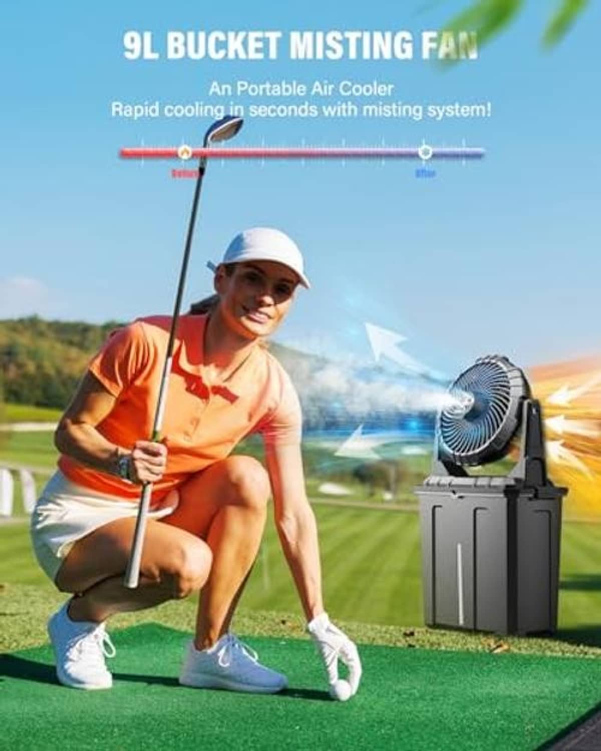 Portable outdoor misting fan with mist spray and attached water tank bucket