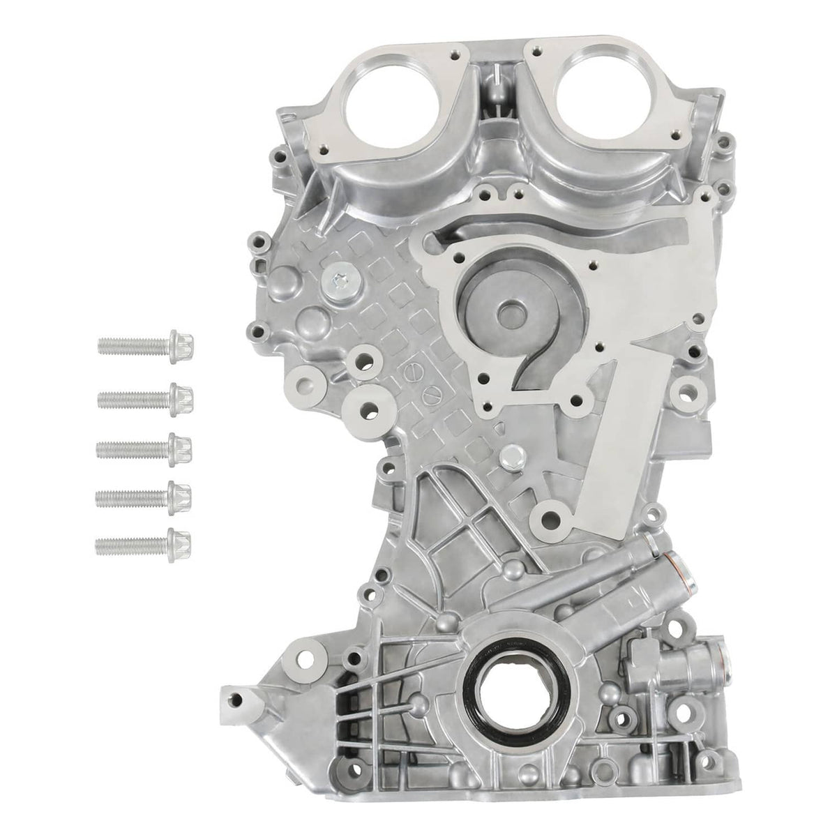 Silver timing cover assembly with circular openings and mounting holes