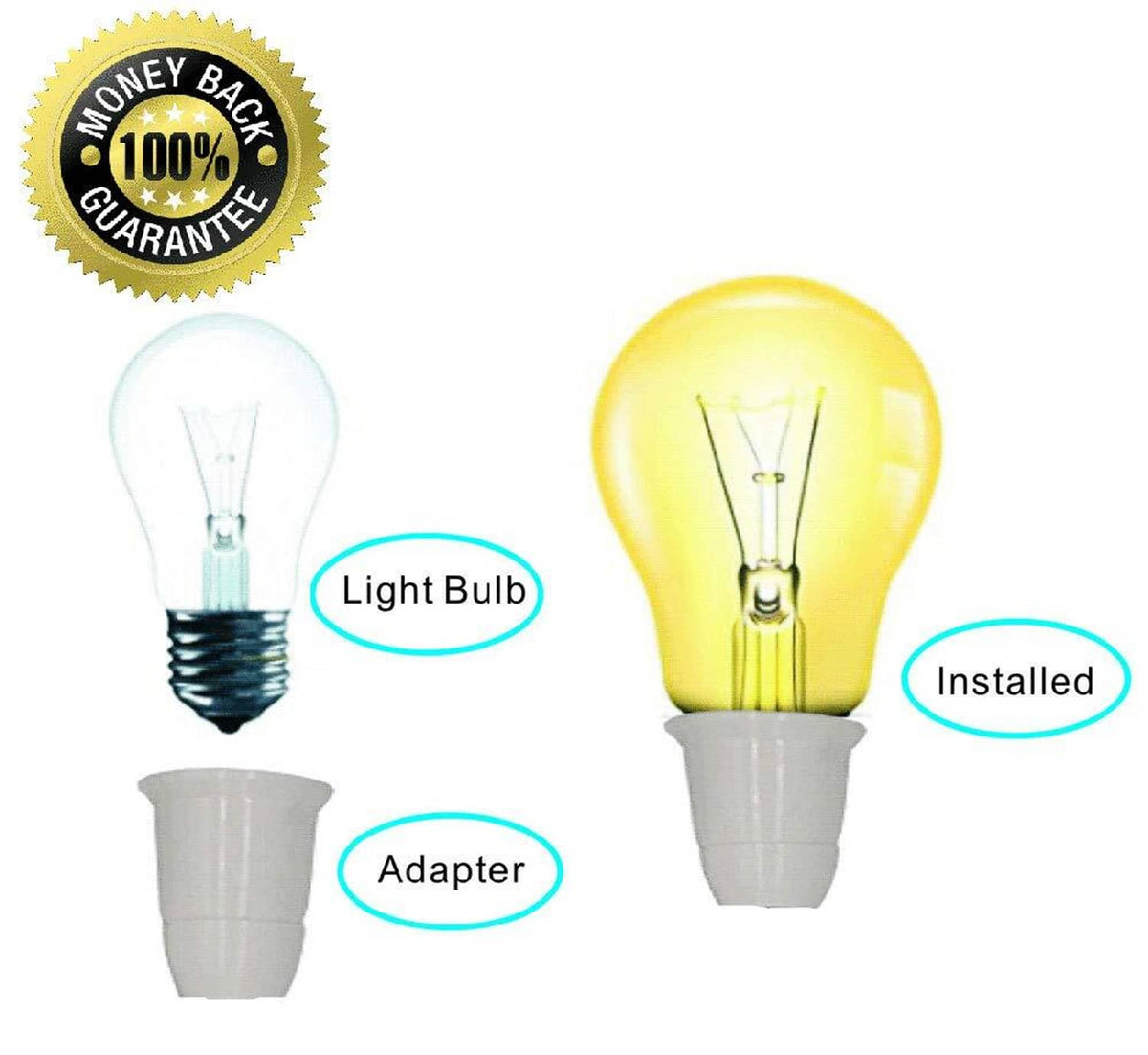 Lamp adapter with flexible extender cable shown with light bulb and E27 base