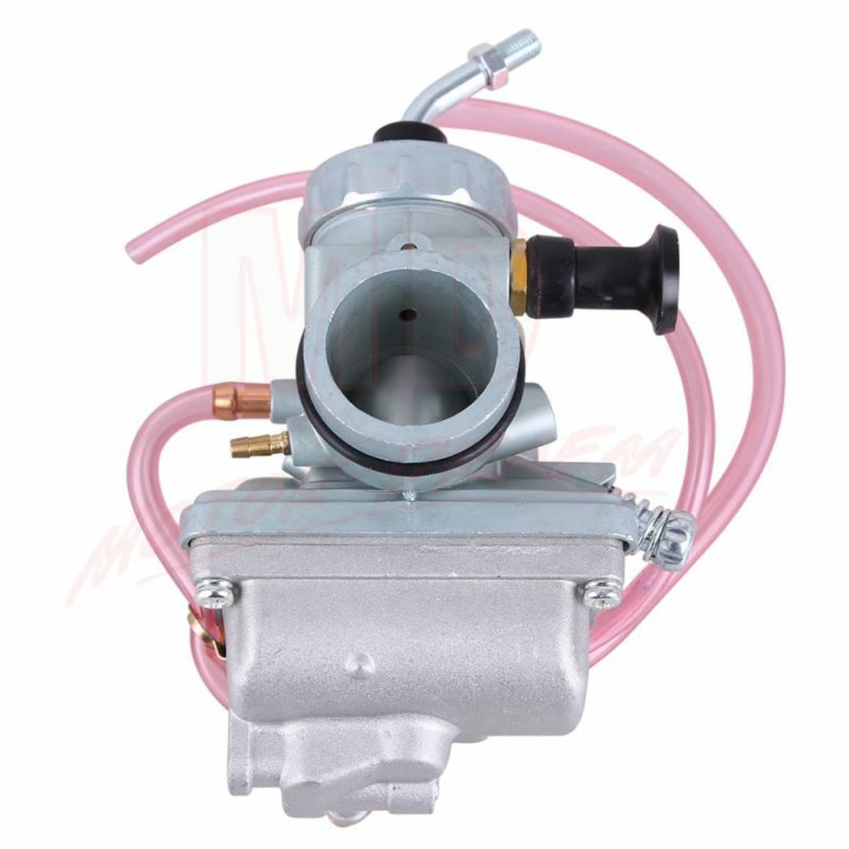 Silver carburetor from front with large intake bore and black throttle knob, pink hose