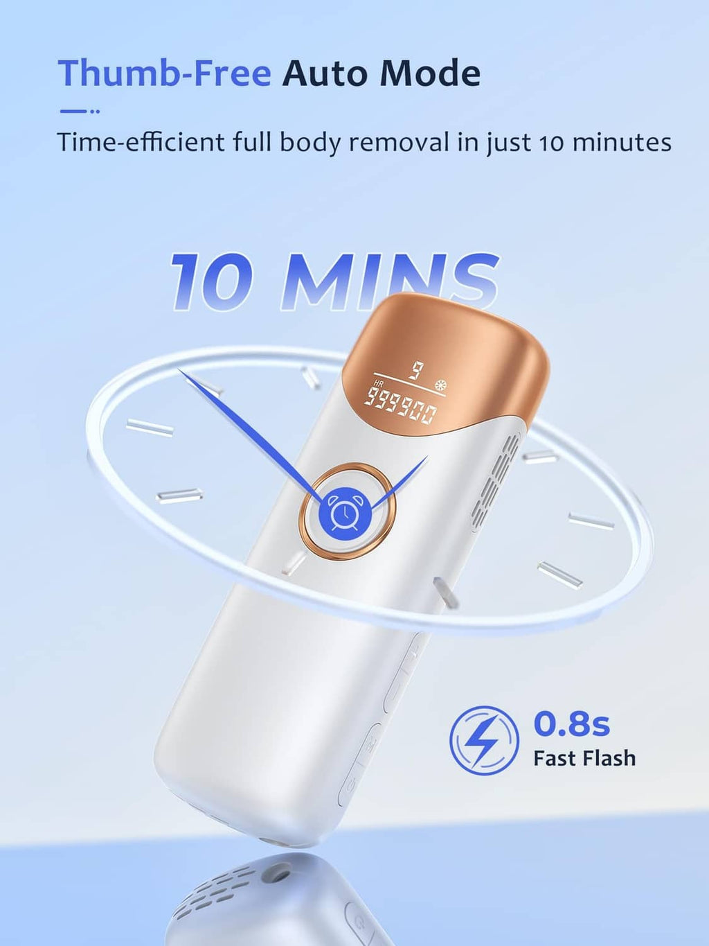 Handheld IPL hair removal device in auto mode, white body with rose-gold control display