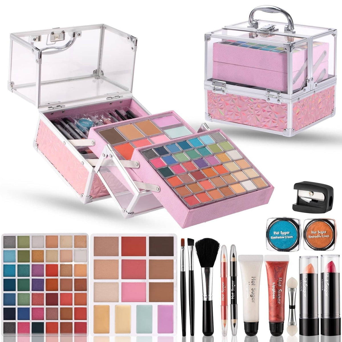 Pink teen makeup kit with open case, colorful eyeshadow palettes, brushes, and lip items.