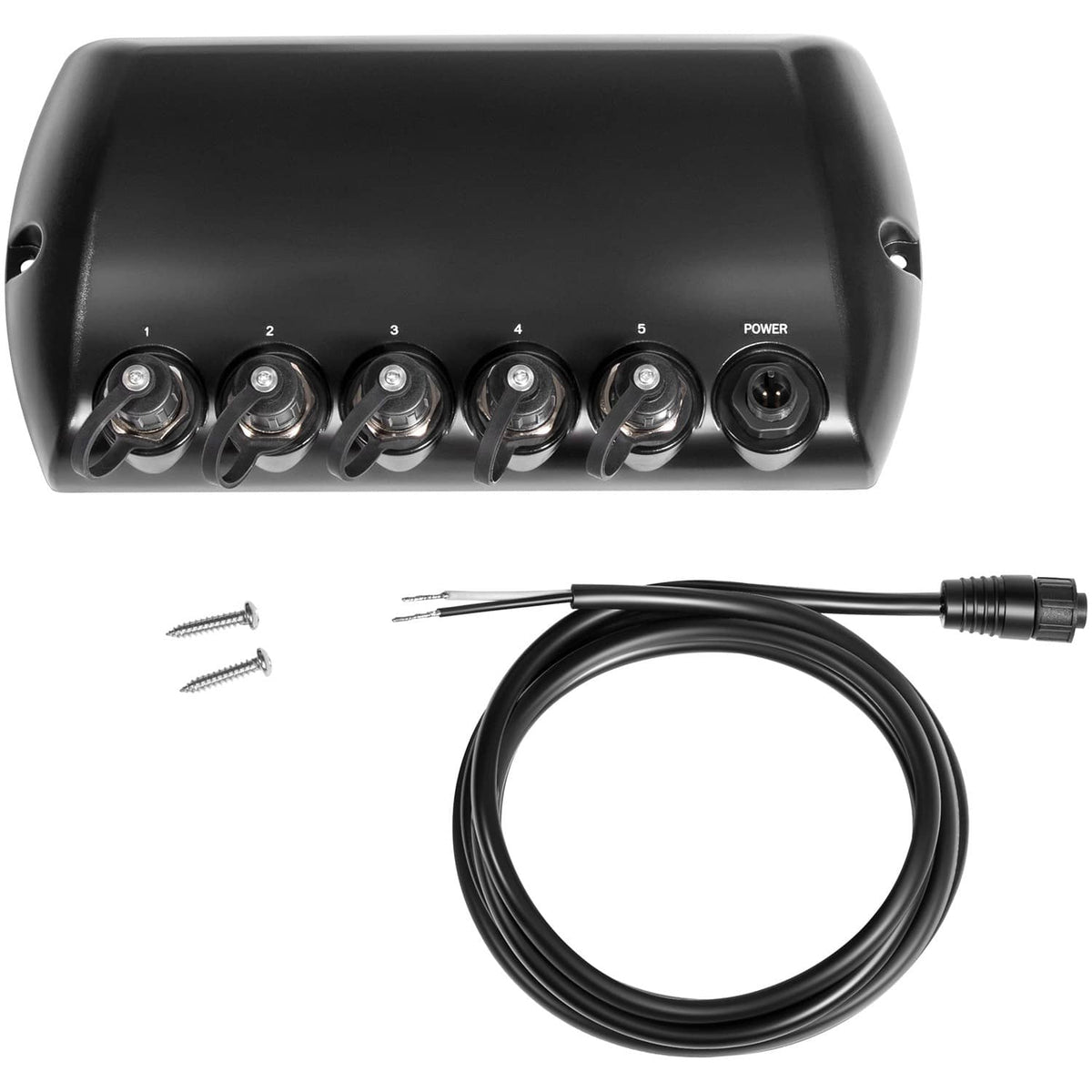Black 5-port Ethernet switch with five RJ-style ports and power connector, front view.