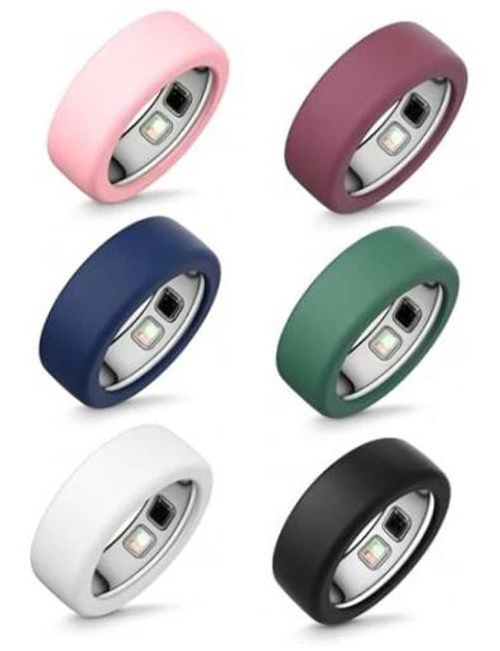 Set of silicone Oura ring cases in pink, maroon, blue, green, white, and black