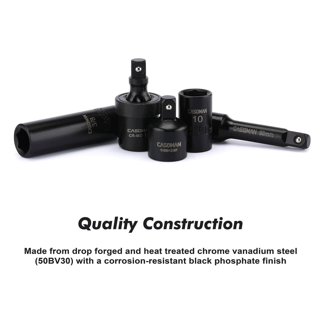 Black 1/4-in drive impact sockets and universal joint adapter set
