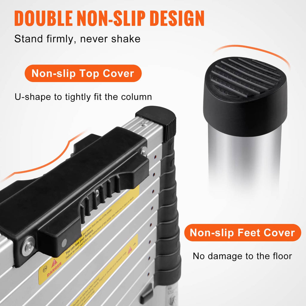 Telescoping ladder with non-slip top cover and black rubber feet on silver rails