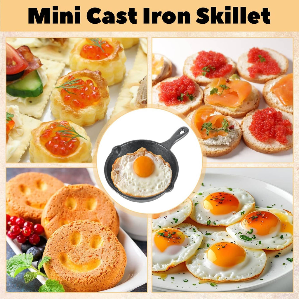 Black mini cast iron skillet with fried egg, shown in a food serving layout