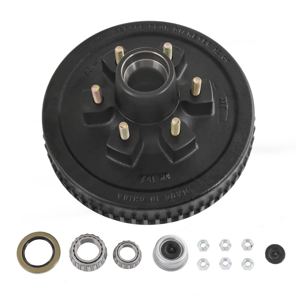 Black trailer brake hub drum kit with center bearing and mounting studs, hub drum face