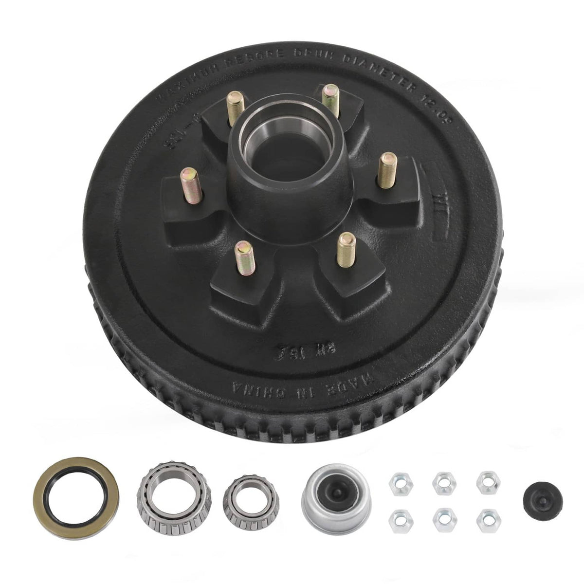 Black trailer brake hub drum kit with center bearing and mounting studs, hub drum face