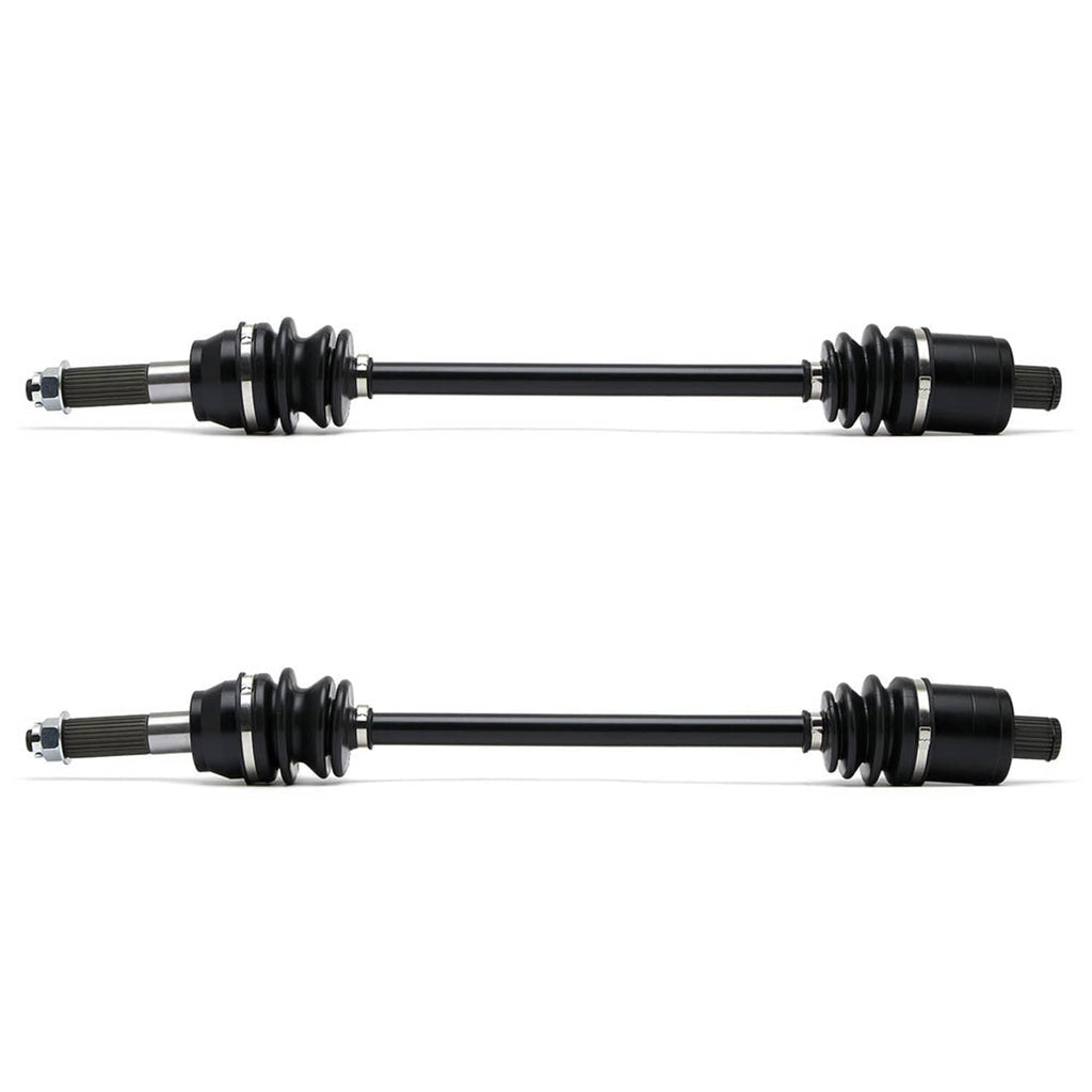Two rear CV axle drive shafts laid out, black boots and silver spline ends