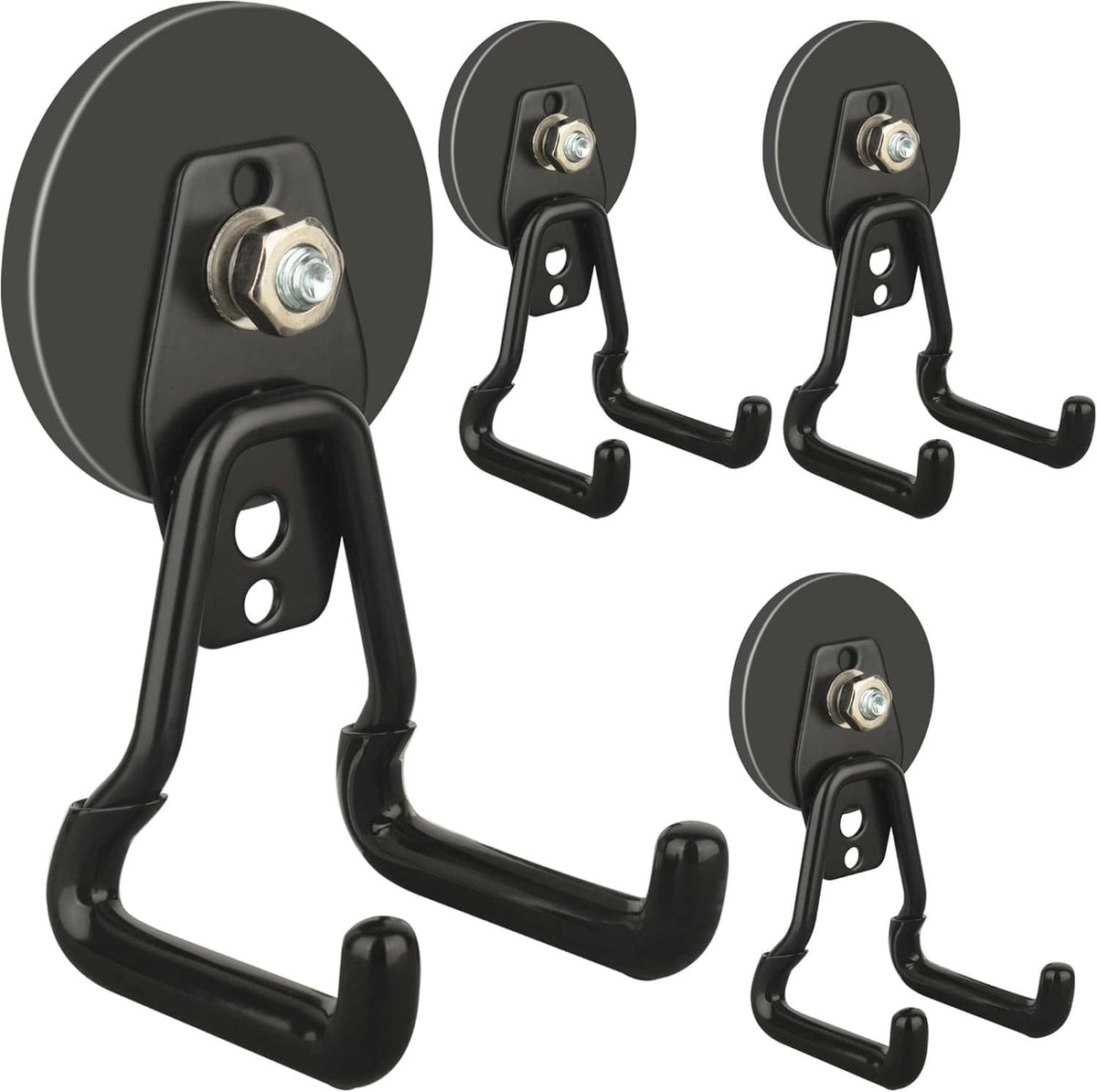 Black magnetic power drill hook set with two U-shaped hangers and metal mounting plate