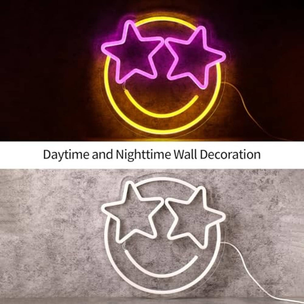 Pink and yellow LED neon smiley face with two stars, warm glowing wall decor