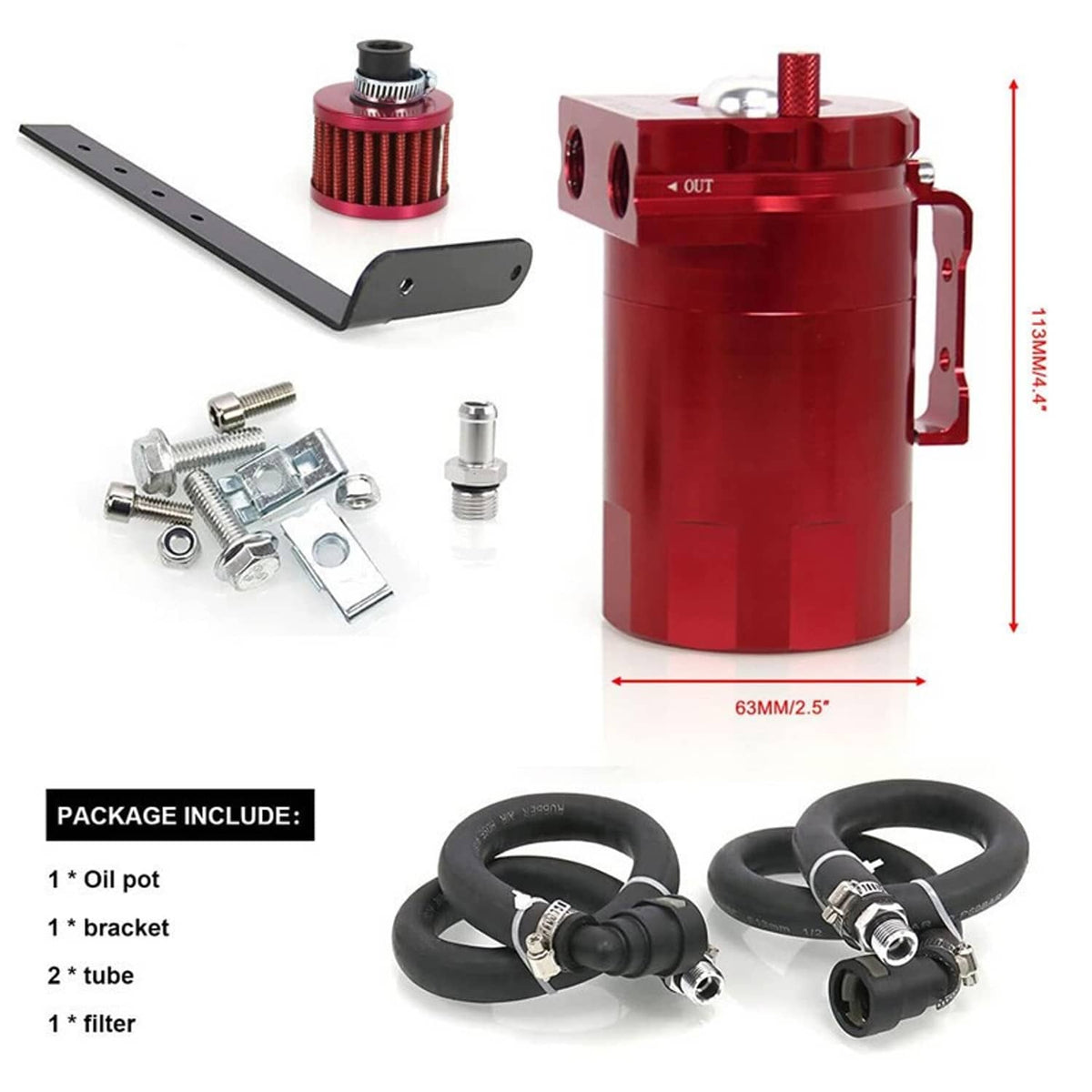 Red oil catch can tank with mounting bracket, hoses, fittings, and filter