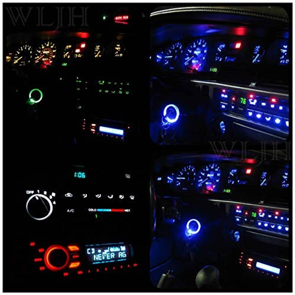 Car dashboard lit by blue and colored wedge LEDs, glowing gauges in dark cabin