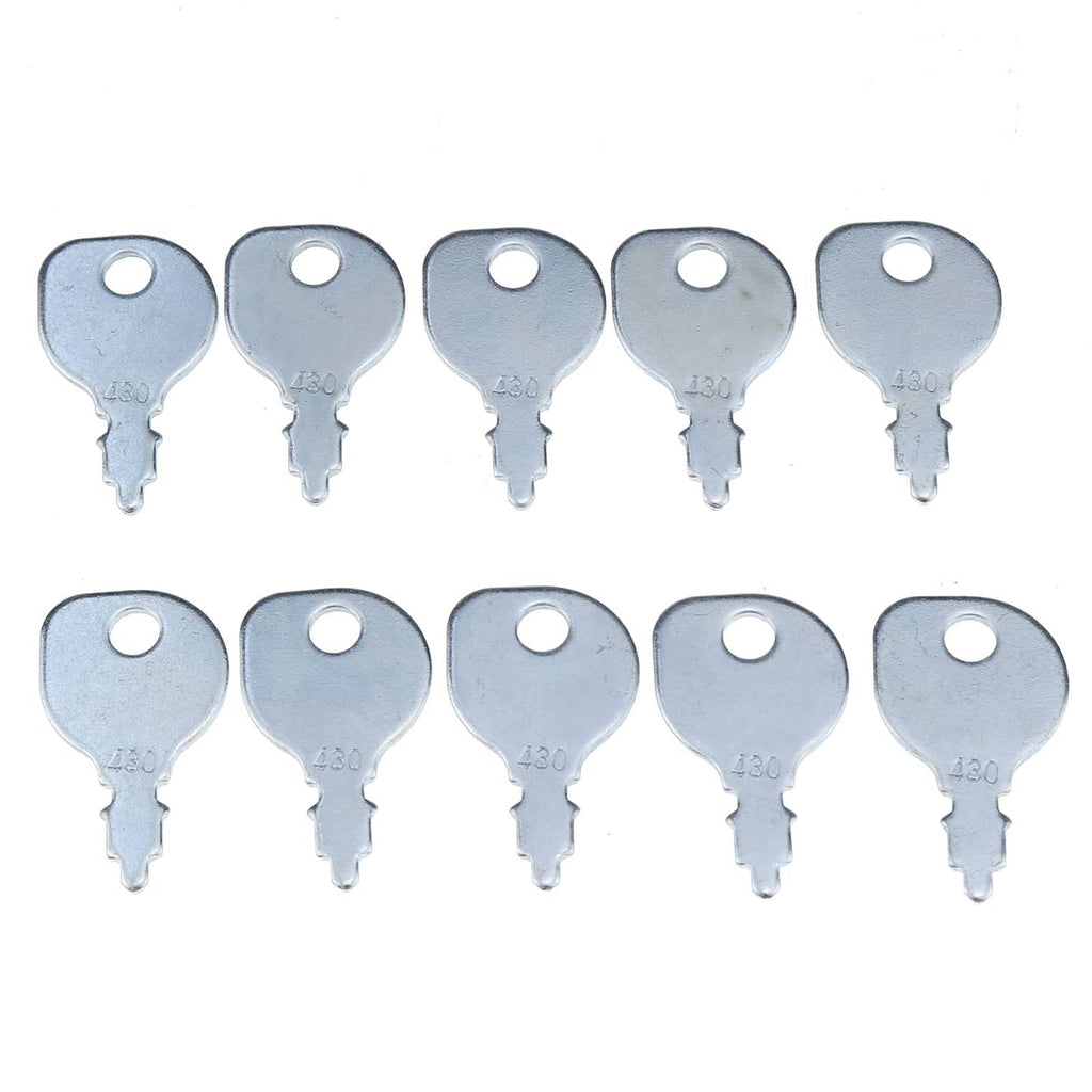 Set of silver metal ignition keys stamped 430, each with circular hole and pointed tip