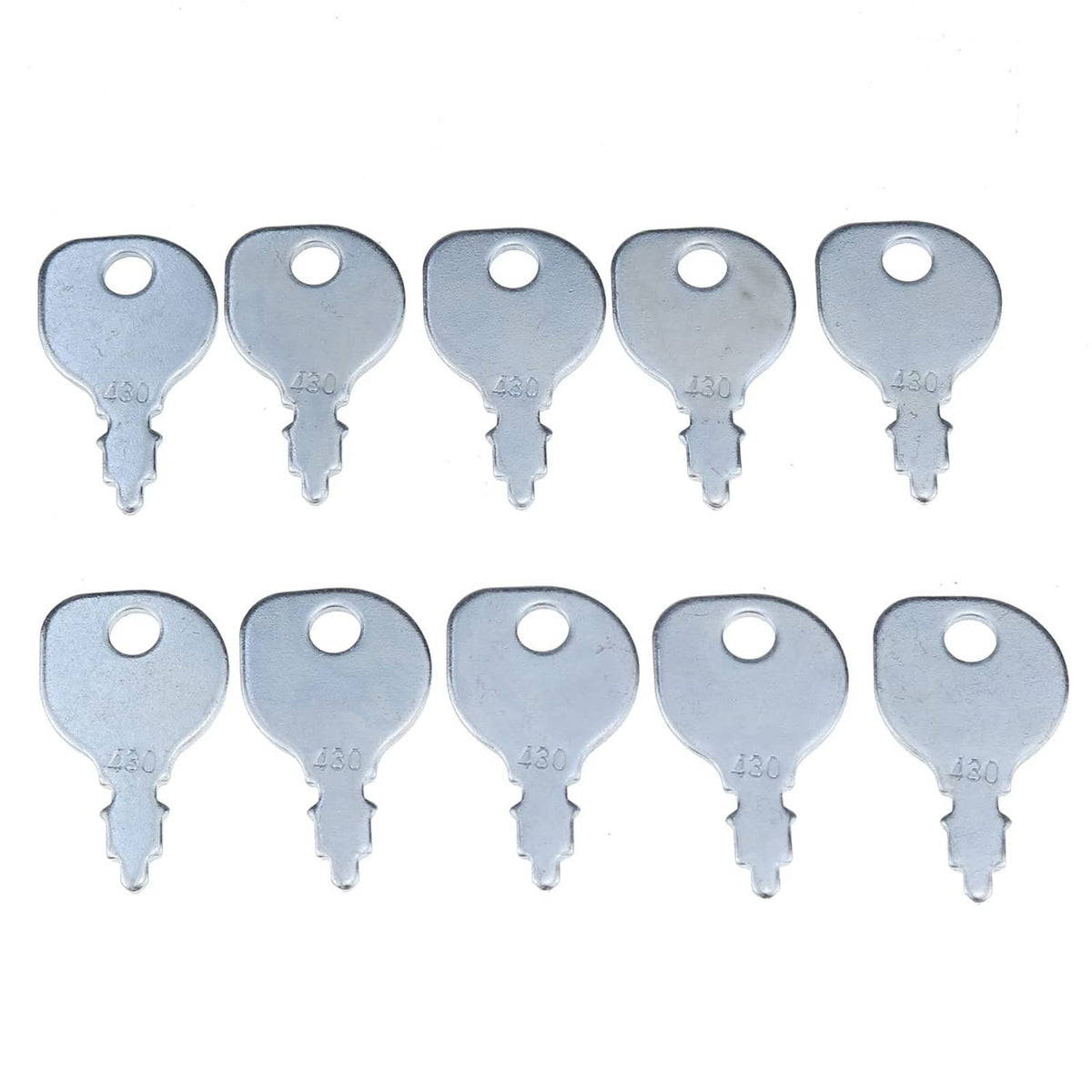 Set of silver metal ignition keys stamped 430, each with circular hole and pointed tip