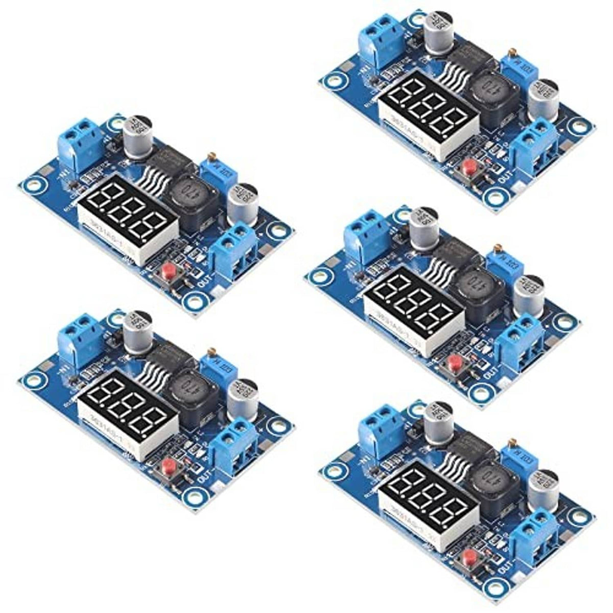 Four blue LM2596 step-down regulator modules with LED voltage display and blue terminal blocks