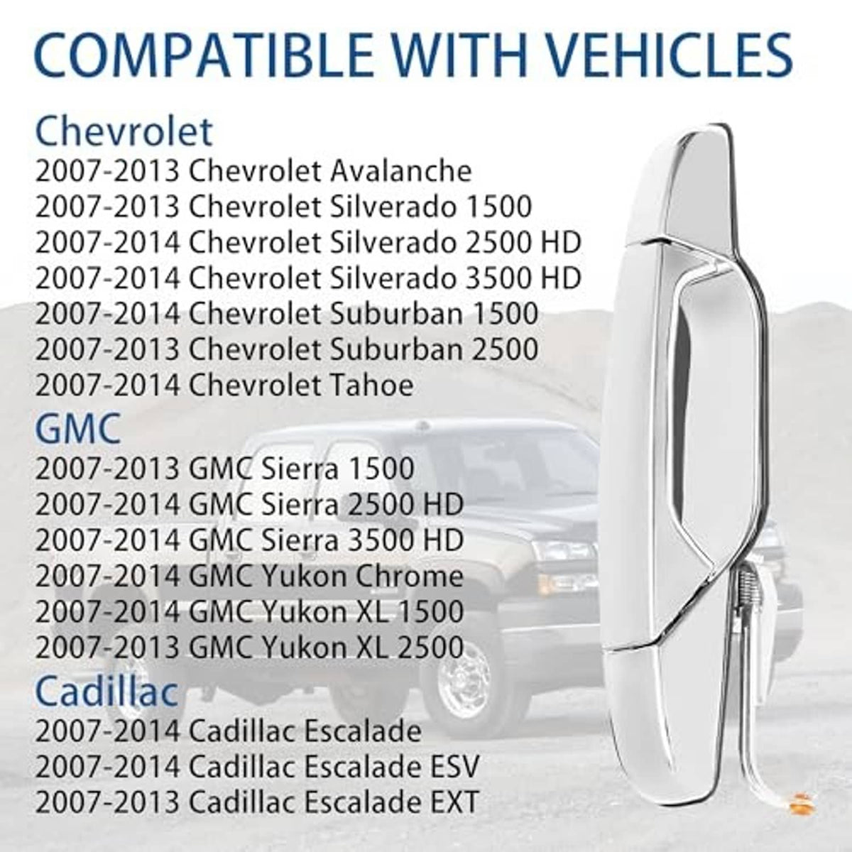Chrome exterior door handle upright view with side opening and mounting edge