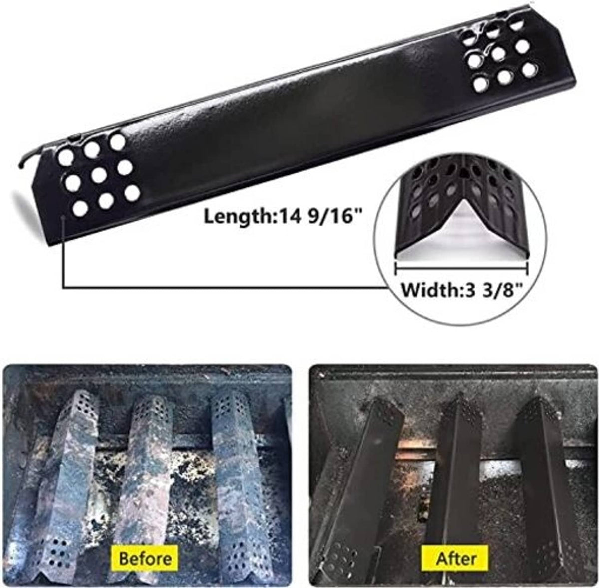 Black perforated grill burner cover plate, 14 9/16 in length
