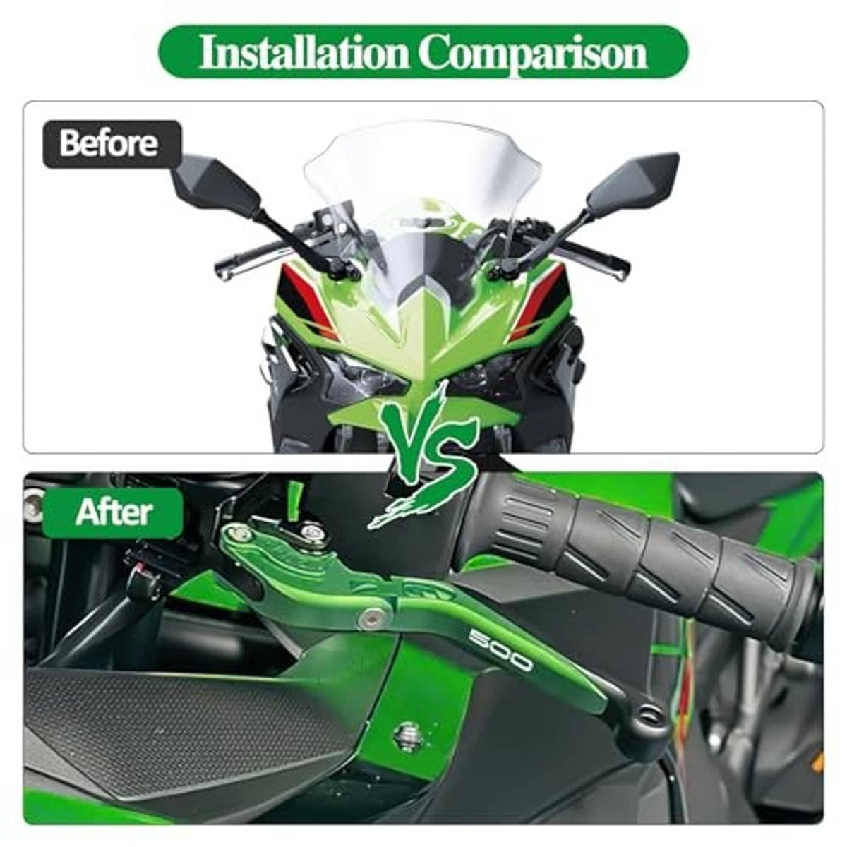 Green installed motorcycle brake and clutch levers on handlebar with black tips