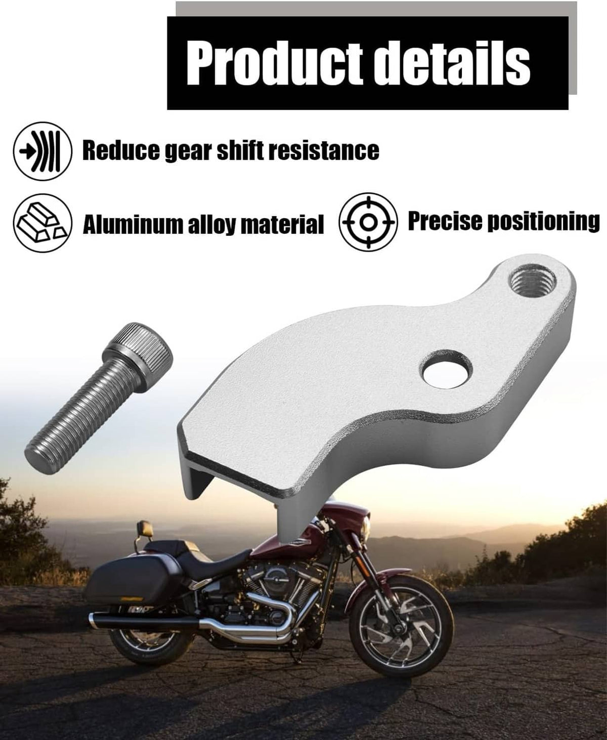 Chrome neutral gear shift assist bracket with mounting hole and threaded bolt