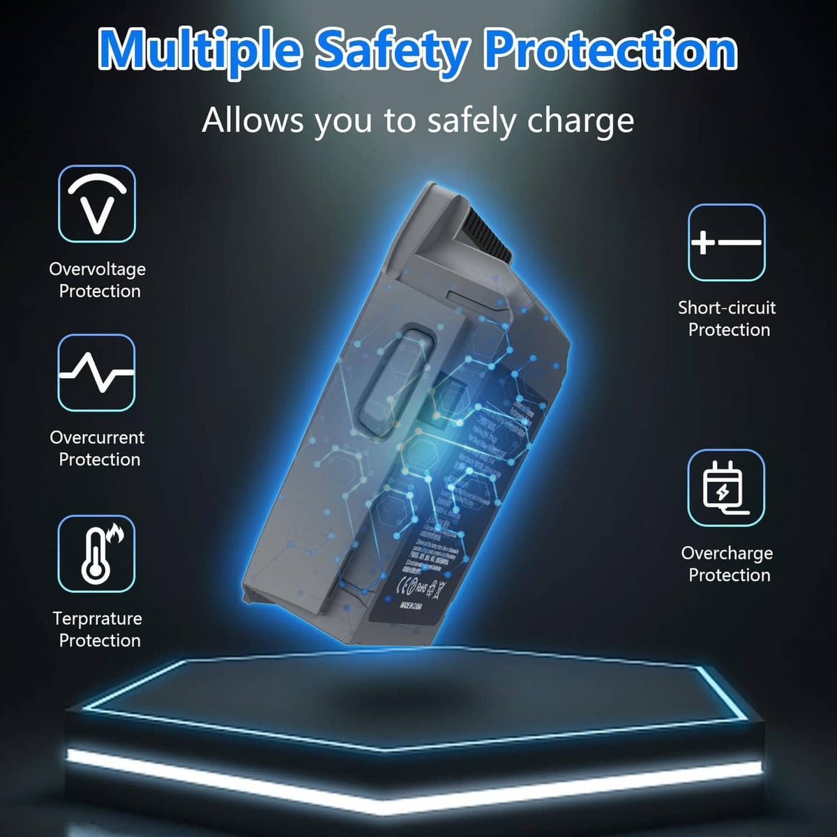 Intelligent flight battery on charging pad, gray shell with green LED lights