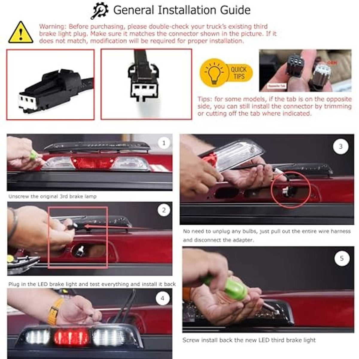 Smoked-lens LED third brake light assembly with installation guide steps and wiring