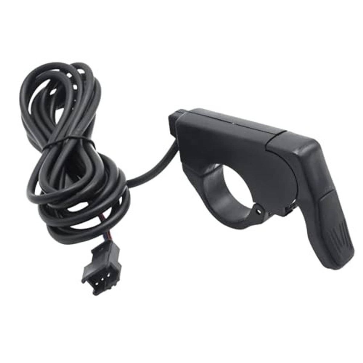 Black thumb throttle grip with attached cable and wiring connector