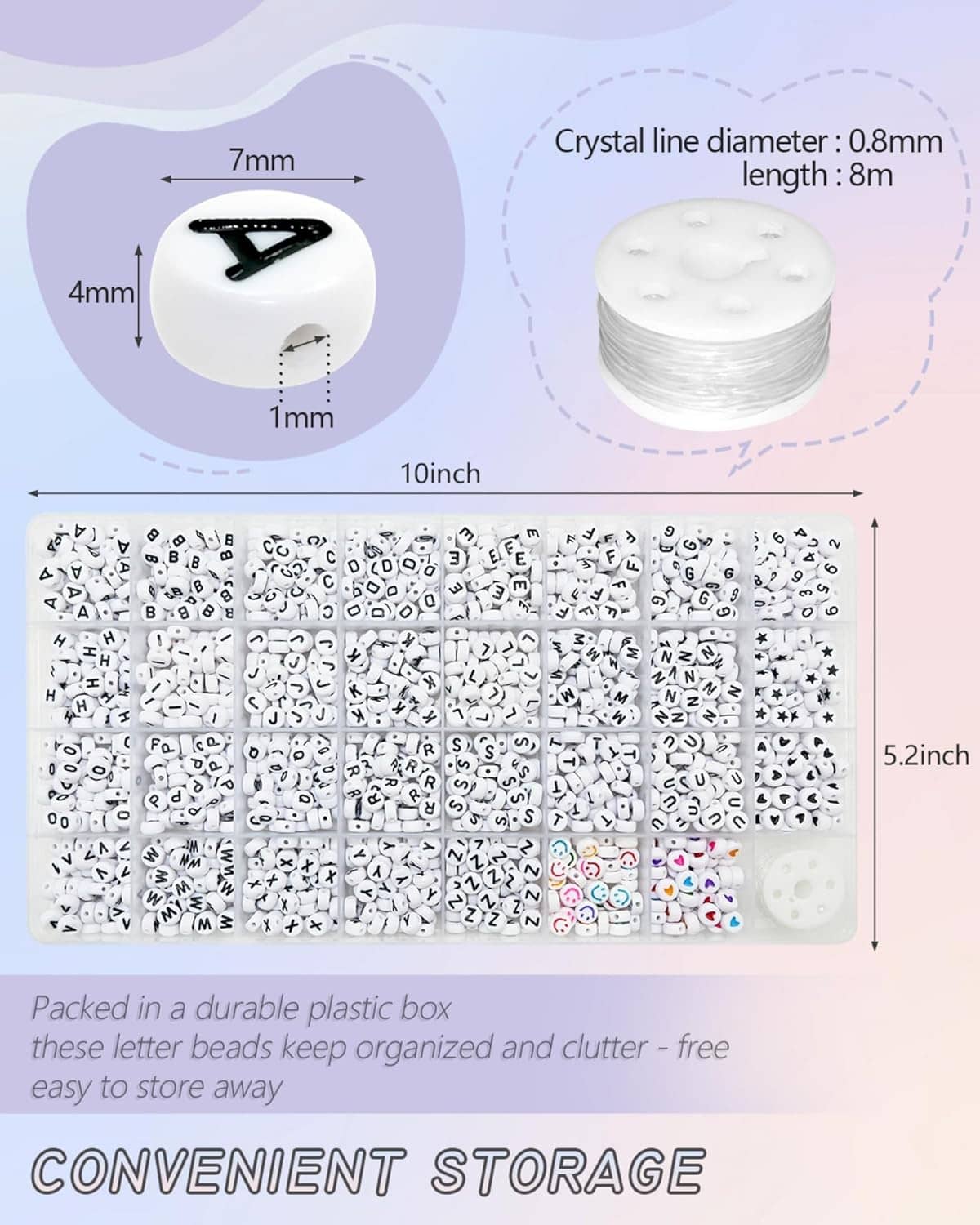 Size diagram for white acrylic letter beads with crystal line and roll dimensions