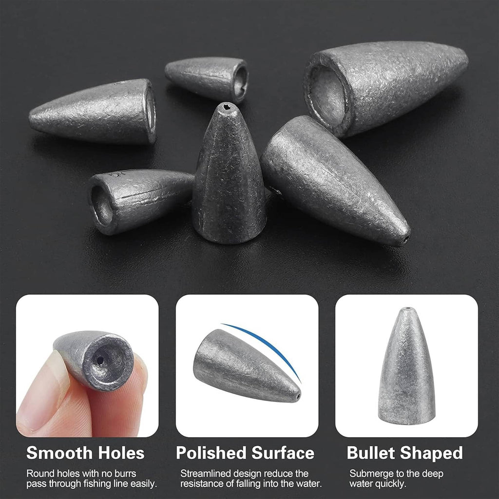 Assorted grey bullet fishing sinkers with smooth holes and polished surface