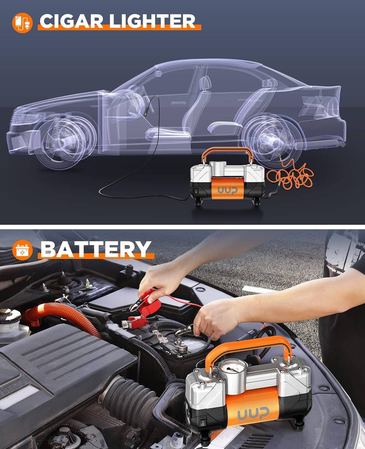 Portable 12V tire inflator air compressor with transparent airflow view and battery feature