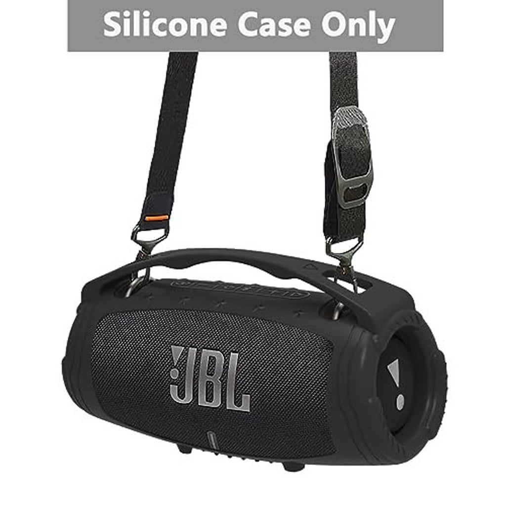 Black silicone speaker case with attached shoulder strap