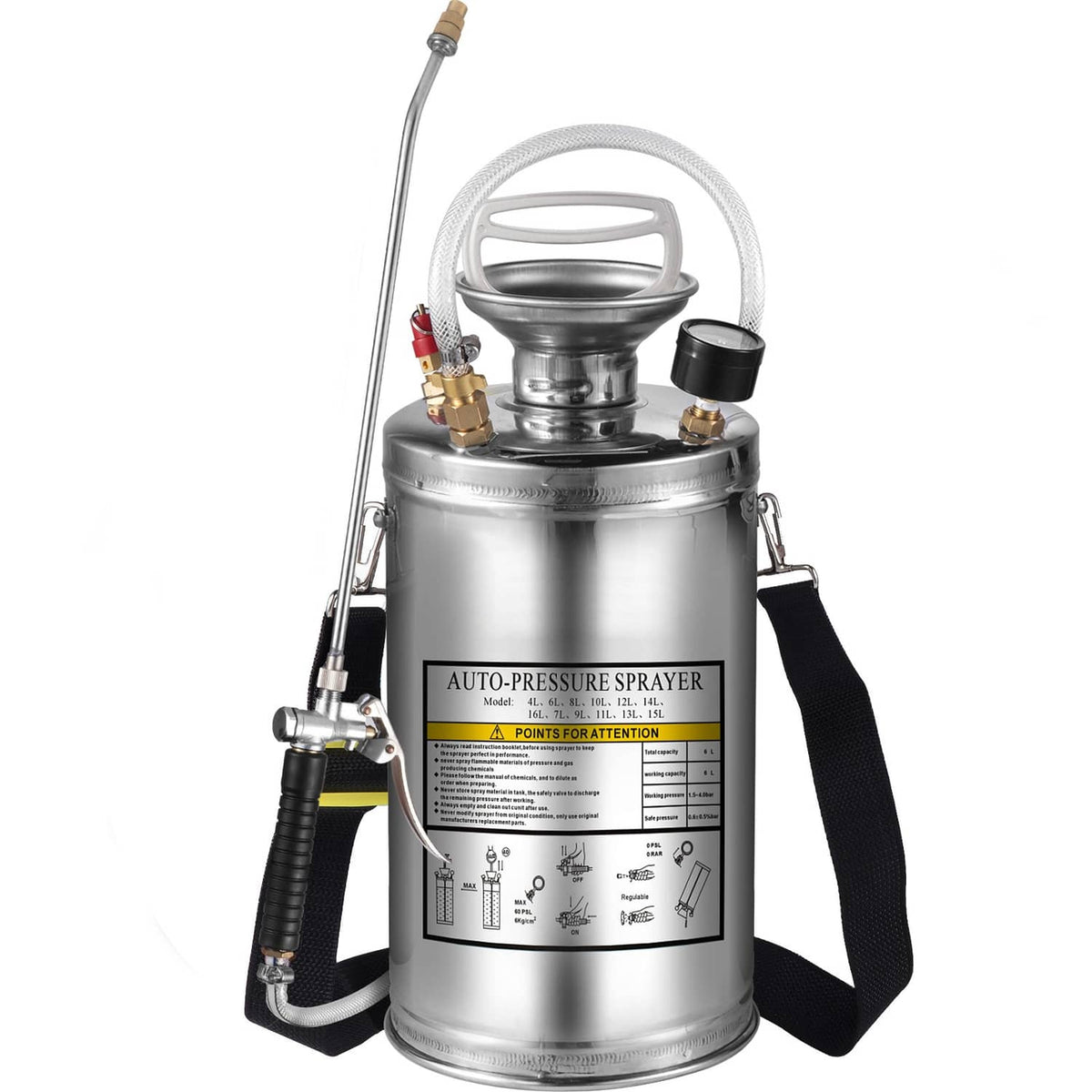 Stainless steel auto pressure sprayer with brass fittings, carrying straps, and extension tube