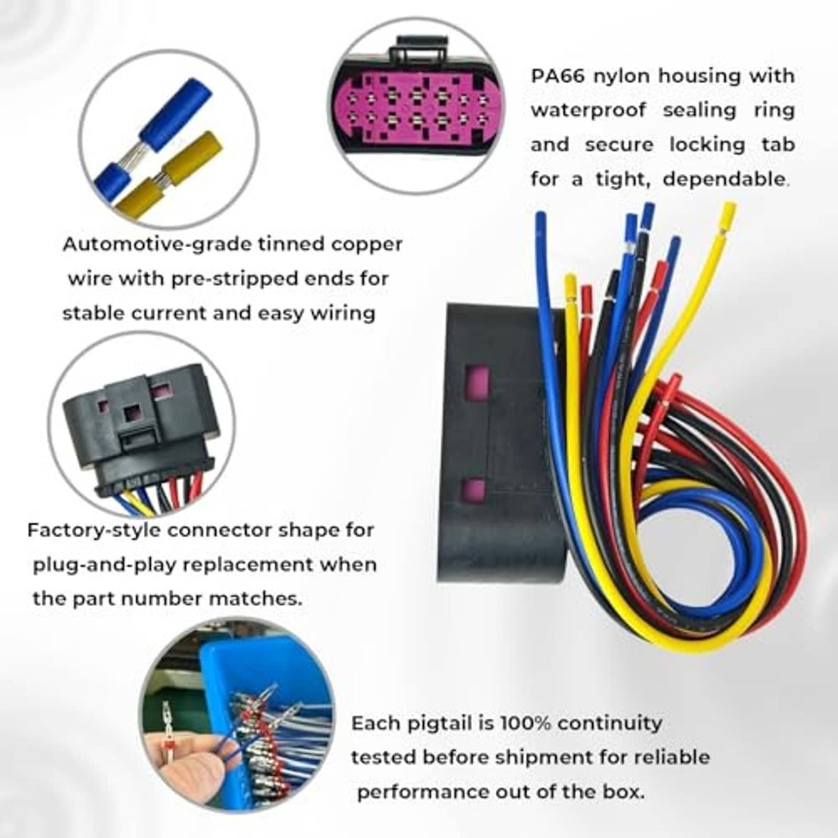 Headlight wiring pigtail with black connector housing and purple multi-pin plug on multicolor wires